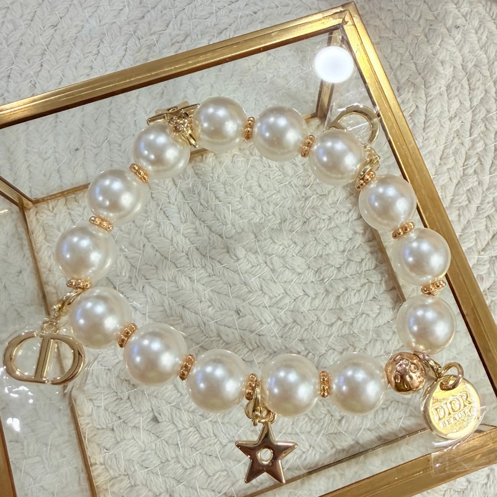Dior Beauty Gold and White Pearl Charm Bracelet - New in Box